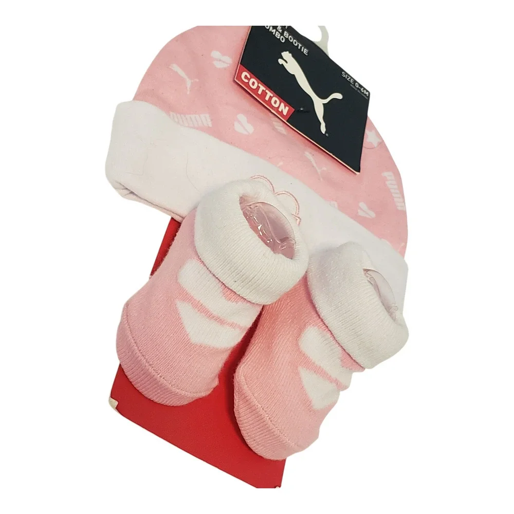 Puma Infant Beanie Hat Bootie Socks Set Baby Girls 0-6M Pink White Shower Gift - Picture 2 of 6